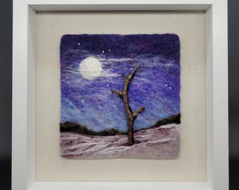 Stars and moon in night sky in 10x10 frame, felted art landscape