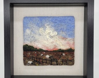 Felt art, sheep, wool art, felt painting, wool painting, needle felt painting, in 10x10 frame behind glass