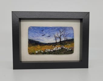Needle Felted Landscape Art with trees, Framed Wool Painting (6x8)