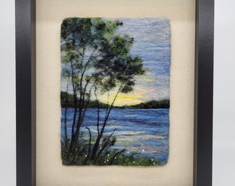 Felt art, lake, needle felt painting, wool art, trees, felt painting, wool painting, sunset, in 8.75 x 10.75" frame behind glass