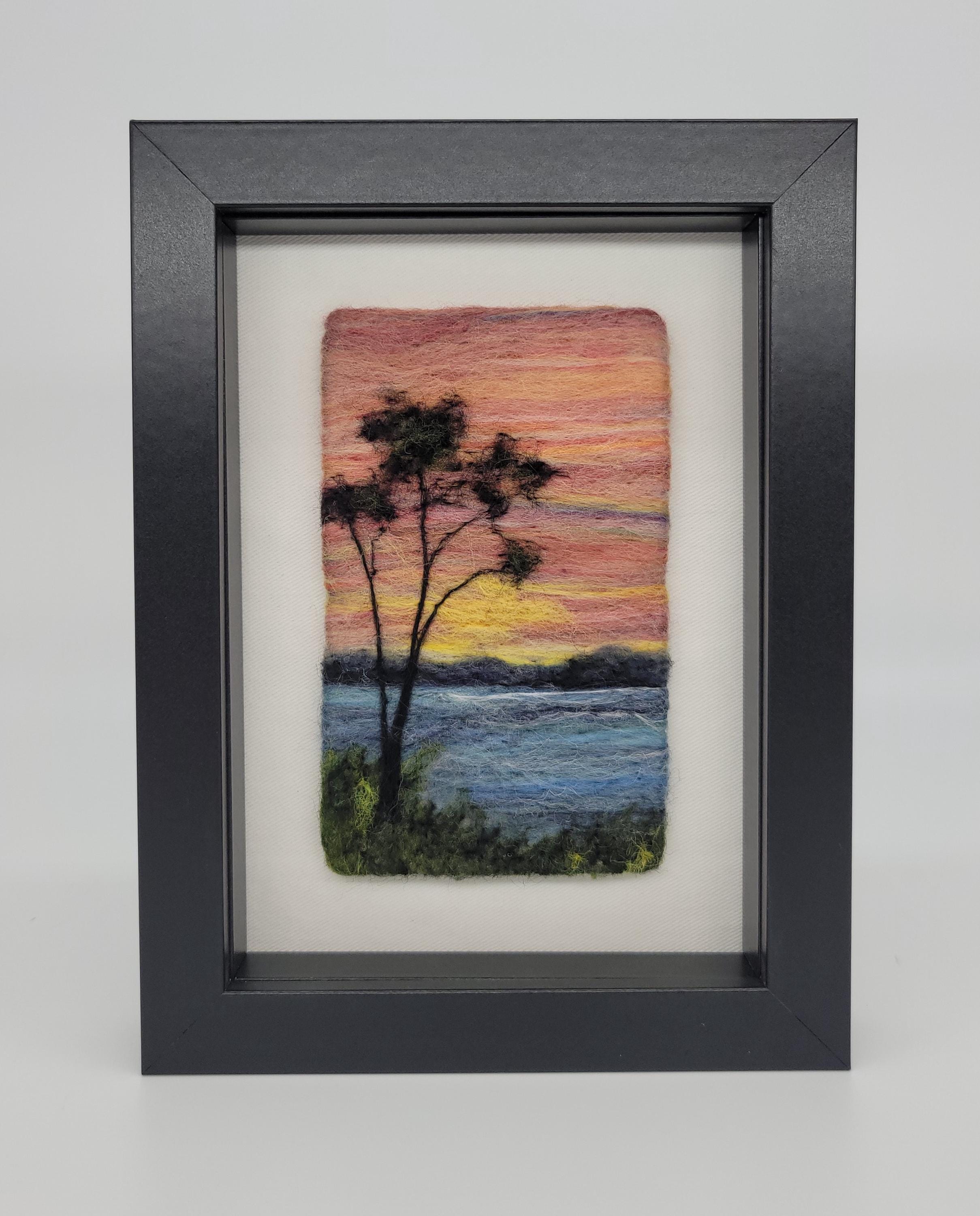Needle Felted Lake Sunset: Wool Art Landscape in 6x8 Frame