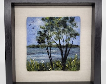 Felt art, lake, tree, felted, felt art, felt painting, wool painting, needle felt painting, in 10x10 frame behind glass