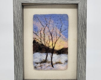 Felt art, trees, wool art, felt painting, sunset, snow, needle felt painting, in 6x8 frame behind glass