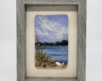 Felt art, beach, flowers, wool art, wool painting, needle felt painting, lake, felt painting, in 6x8 frame behind glass