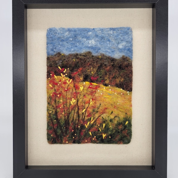 Felt art, flowers, needle felted, wool art, wool painting, in 8.75 x 10.75" frame behind glass