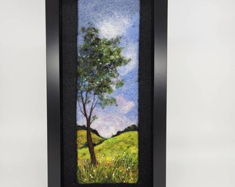 Needle felted tree with wildflowers, felted wool art, wool painting, wildflowers, in 15x7 frame behind glass