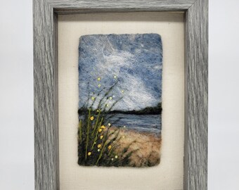Felt art, beach, flowers, wool art, wool painting, needle felt painting, felt painting, in 6x8 frame behind glass