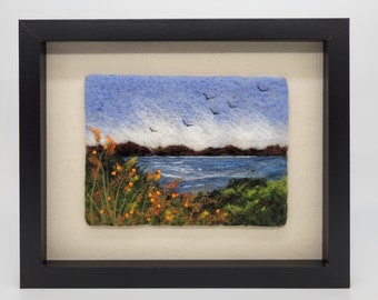 Felt art, lake, needle felt painting, wool art, felt painting, wool painting, flowers, in 8.75 x 10.75" frame behind glass