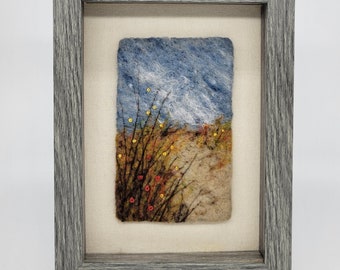 Felt art, beach, flowers, wool art, wool painting, needle felt painting, felt painting, in 6x8 frame behind glass