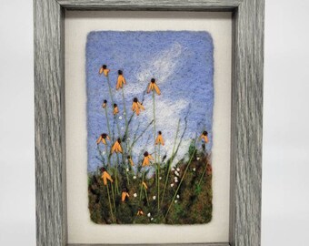 Felt art, flowers, wool art, daisy, wool painting, needle felted, in 6x8 frame behind glass