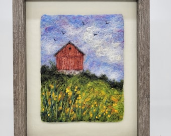 Felt art, barn, needle felt painting, felt painting, felted artwork, wool painting, flowers, in 8.75 x 10.75" frame behind glass