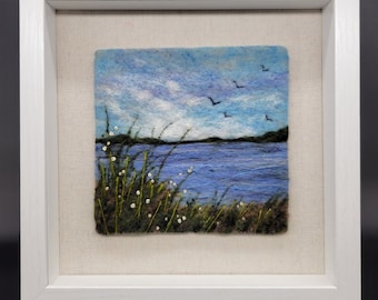 Felt art, lake, wool art, felt painting, wool painting, needle felt painting, flowers, 10x10 frame behind glass