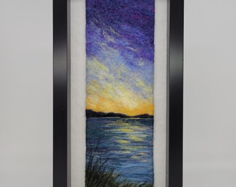 Felt painting, lake, wool art, sunrise, wool painting, needle felt painting, felt art, in 15x7 frame behind glass