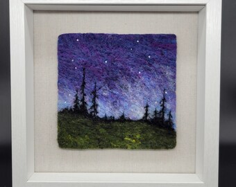 Felt art, wool art, stars, trees, felt painting, wool painting, needle felt painting, in 10x10 frame behind glass