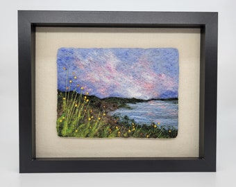 Felt art, lake, needle felt painting, wool art, felt painting, wool painting, flowers, sunrise, in 8.75 x 10.75" frame behind glass