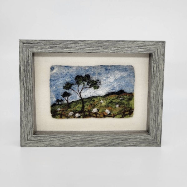 Felt art, sheep, wool art, wool painting, needle felted landscape, in 6x8 frame behind glass