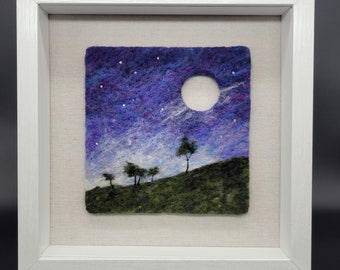 Felt art, moon, stars, trees, felt painting, wool painting, needle felt painting, wool art, in 10x10 frame behind glass