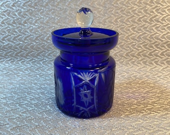 Dark Cobalt Blue Bohemian Cut-to-Clear Glass Sugar Bowl w/Lid 1950s