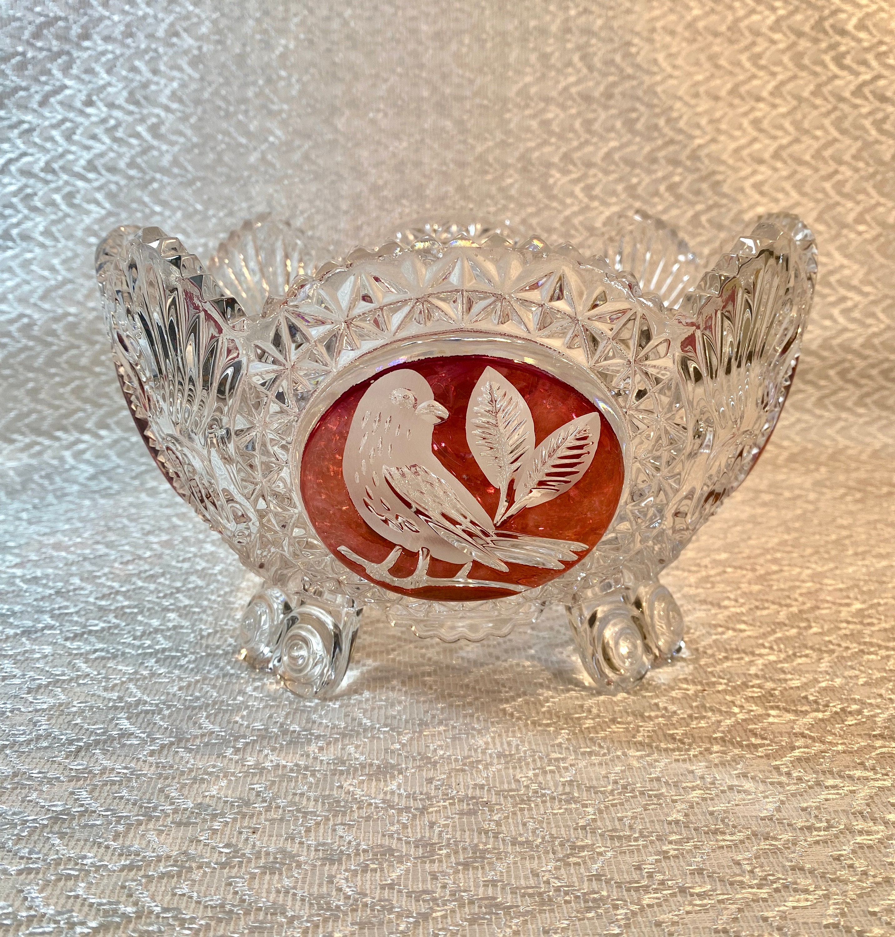 Vintage Hofbauer Lead Crystal Footed Bowl: Diamond & Bird Design