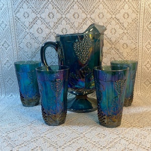 Cobalt Blue Carnival Glass Pitcher Set: Harvest Grape, Indiana Glass