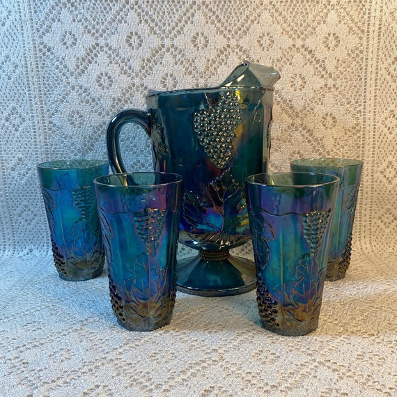 INDIANA GLASS　カーニバルガラス Vintage Indiana Glass Blue Carnival Glass #7446 Punch Bowl Set
