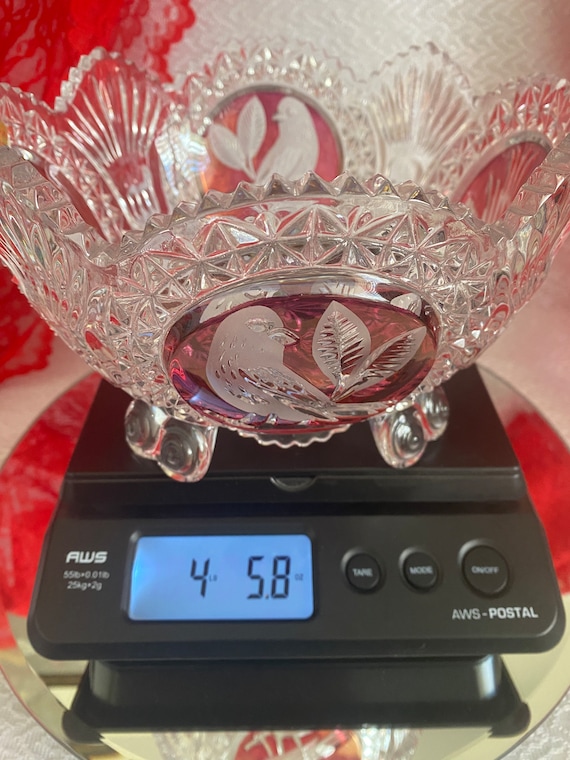 Hofbauer クリスタル ボウル ドイツ製 Vintage Hofbauer Lead Crystal Footed Bowl: Diamond & Bird Design