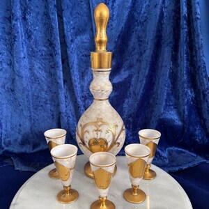 Vintage 1940s Bohemia Crystal Decanter With Five Cordial Glasses Set