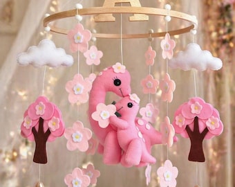 Mobilne łóżeczko dla dziecka – Mobilna karuzela dla mamy i dziecka z dinozaurem, dekoracja pokoju dziecięcego w kolorze różowym Sakura, spersonalizowana karuzela dla dziewczynki, kwiatowy prezent na baby shower z motywem dinozaura