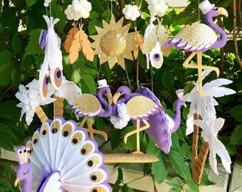 Flamingo & Peacock Baby Mobile – Felt Safari Crib Decor