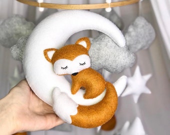 Baby mobile fox mountain clouds moon stars felt Crib mobile nursery decor. Baby shower gift, pregnancy gift, newborn gift.