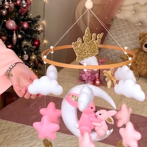 Bunny crib mobile baby girl Princess Crown Moon stars clouds Pink Nursery decor Felt hanging decorations Baby shower gift Pregnancy Newborn