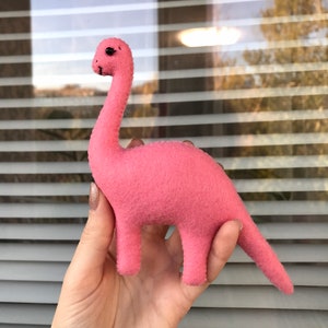 Dinosaur felt pink toys. Dino brontosaurus plush decorations. Animals felt nursery.