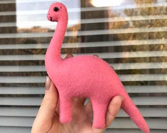 Dinosaur felt pink toys. Dino brontosaurus plush decorations. Animals felt nursery.