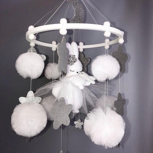Baby mobile bunny. Rabbits Nursery mobile girl. Animals mobile. Sleeping Moon, Stars, Clouds mobile. Crib mobile. White, silver mobile Felt.