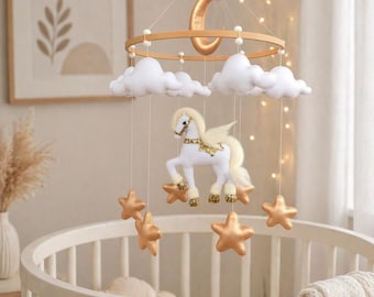 Móvil para cuna de bebé, móvil de caballito para bebé, decoración neutra para habitación infantil, móvil musical, móvil de fieltro para bebé, regalo para baby shower, regalo para recién nacido. Móvil hecho a mano.