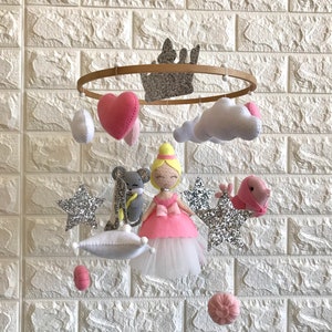 Baby mobile for girl Princess Cinderella Pink felt toys mouse birds Crib nursery decor hanging Baby shower gift pregnancy newborn
