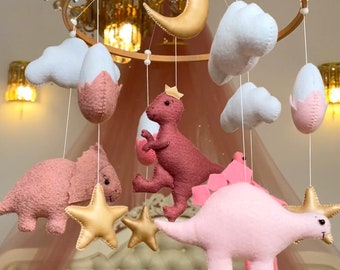 Pink Dinosaur Baby Mobile | Personalized Nursery Mobile | Dinosaur Nursery Decor | Baby Shower Gift | Handmade Felt Crib Mobile