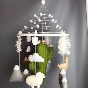 Crib mobile baby nursery decor cactus alpaca lama sheep felt hanging. Baby mobile gift, pregnancy, newborn gift.