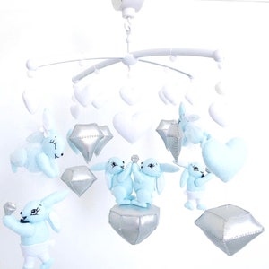 Crib mobile nursery decor bunny Rabbit Felt Animals blue clouds stars hanging decorations. Baby shower gift, newborn, pregnancy.