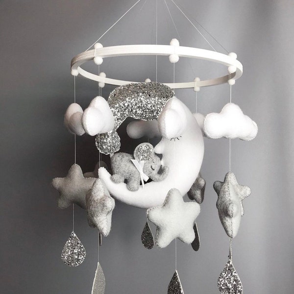 Elephant baby mobile for boy Sleeping moon and stars hanging nursery decor felt toys Baby shower gift Pregnancy Newborn New mom