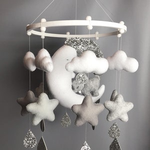 Elephant Baby mobile boy Animal Sleeping moon and stars White Grey Musical girl Small Minimalist Crib NurseryBaby shower gift Newborn