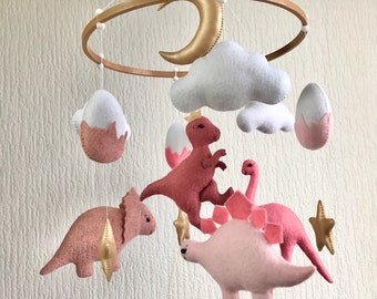 Pink Dinosaur baby crib mobile for girl. Dino felt hanging nursery decor. Baby shower gift, pregnancy gift, newborn gift.