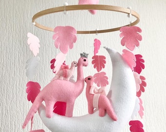 Pink Dinosaur Baby crib mobile for girl. Safari Dino Felt hanging monstera Nursery decor. Baby shower gift, pregnancy gift, newborn gift.