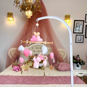Baby mobile Bunny Balloons Airplane Hearts Stars Sleeping Moon Clouds Nursery decor decorations pink white crib Baby shower gift Pregnancy