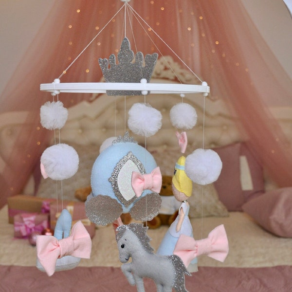 Baby mobile girl Princess Cinderella Dolls Blue and pink Crib Hanging felt nursery decor Baby shower gift