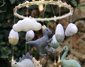 Dinosaur baby mobile for boy. Neutral felt hanging Jurassic Dino nursery decor. Cloud Baby shower gift, pregnancy gift, newborn gift.