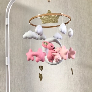 Bunny baby mobile cute rabbits nursery decor family Ballon Moon stars sleeping Crib Felt hanging  pink girl Baby shower gift Montessori