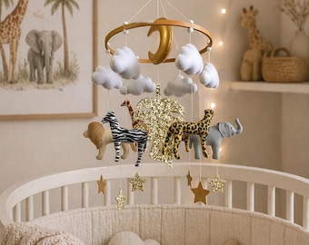 Safari baby mobiel, neutrale kinderkamer mobiel, jungle wieg mobiel, handgemaakt vilt mobiel, babyshower cadeau, cadeau pasgeboren, decor safari kinderkamer