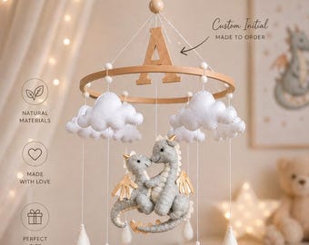 Custom Dragon Baby Mobile with Initial Letter, Neutral Nursery Crib Mobile, Mom and Baby Dragon Mobile, Personalized Baby Gift Handmade Felt