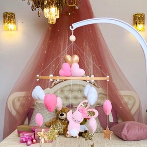 Bunny Baby crib mobile girl gift shower pregnancy newborn new mom to be first dad felt balloons Pink rabbit Animals Hanging Minimalist